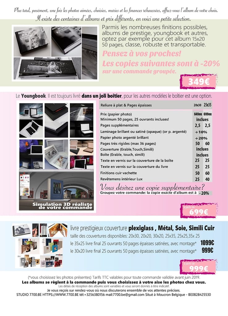 Brochure 2022 des tarifs et forfaits mariage au Studio 7700.BE by Fhano, votre photographe pour la France, la Belgique et la Suisse. Prix des albums rangés par catégorie en finition de votre reportage de mariage